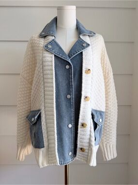 Entro Sweater Cardigan Mixed Media Denim Trim size S ( runs big)